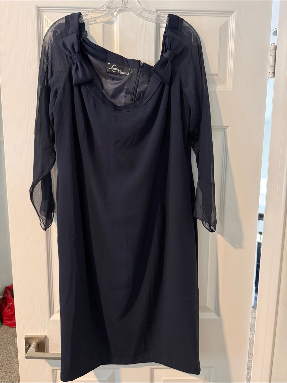 Lourdes Chavez Navy Sheer-Sleeve Bow Detail Dress